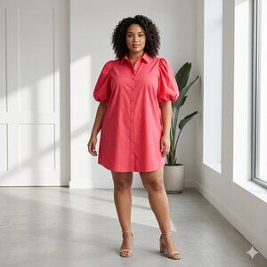 Nicole Miller Mini Shirt Dress Coral Hot Pink Button Front Puff Sleeve Size 14